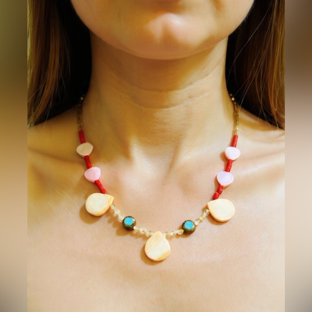 Genuine mother of pearl in orange drops and pink hearts with vintage beads
